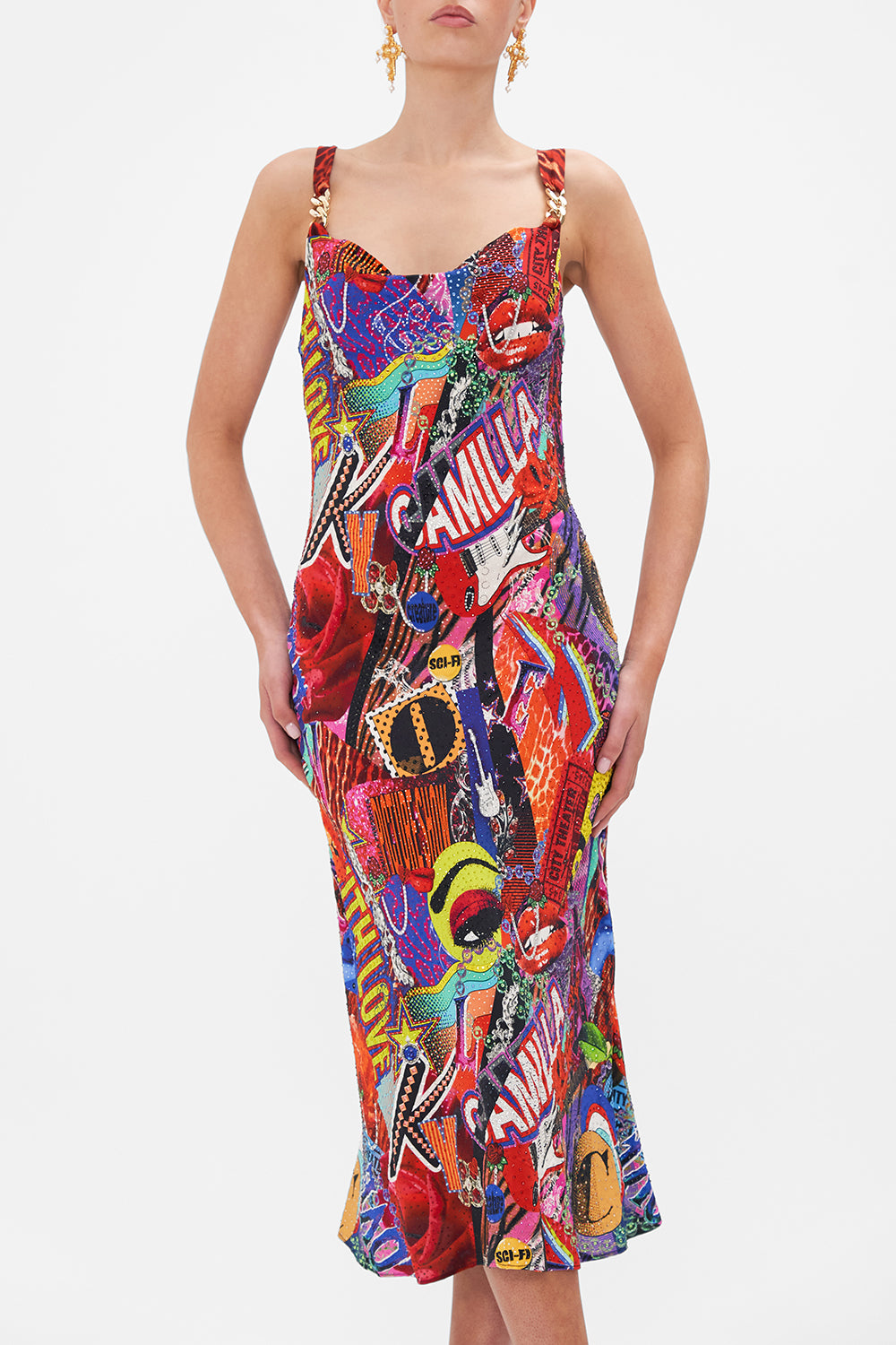 Crop view of model wearing CAMILLA bias silk slip dress in multicoloured Radical Rebirth print