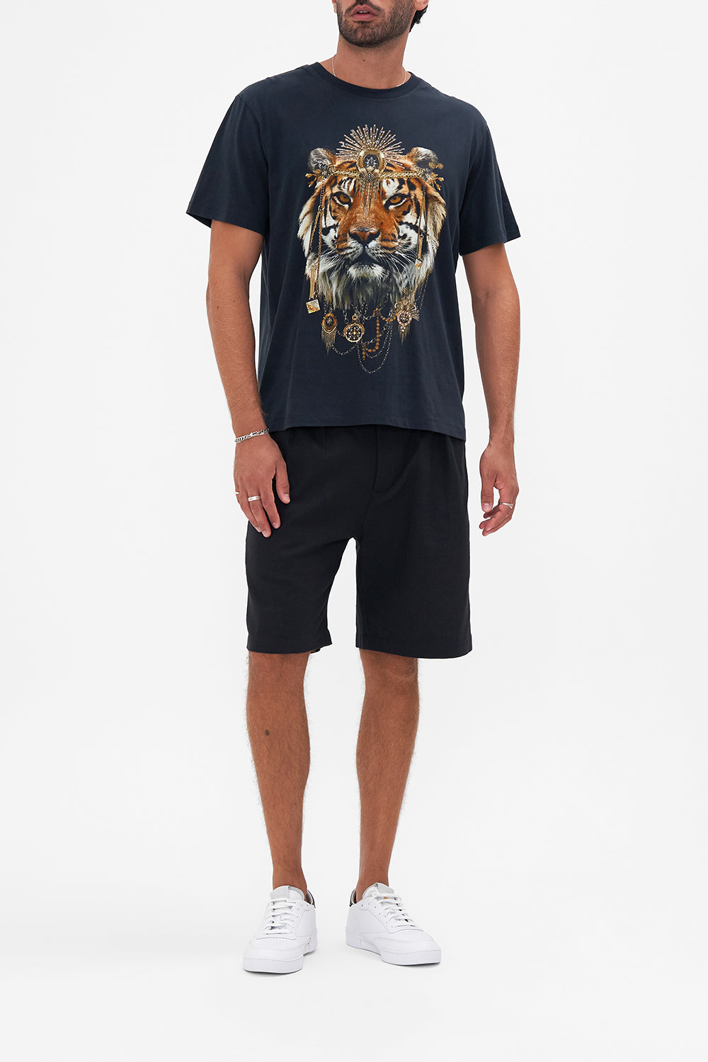 CAMILLA mens black graphic t shirt in The Night Is Noir print