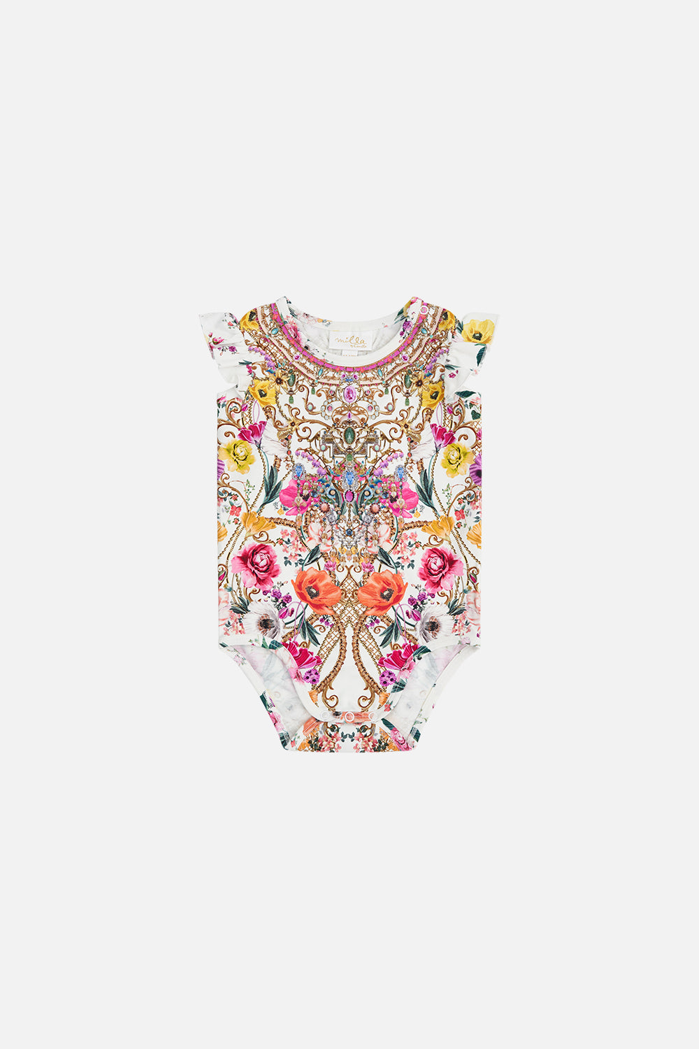 Product view of MILLA By CAMILLA floral babies bodysuit with frills in Destiny Calling print