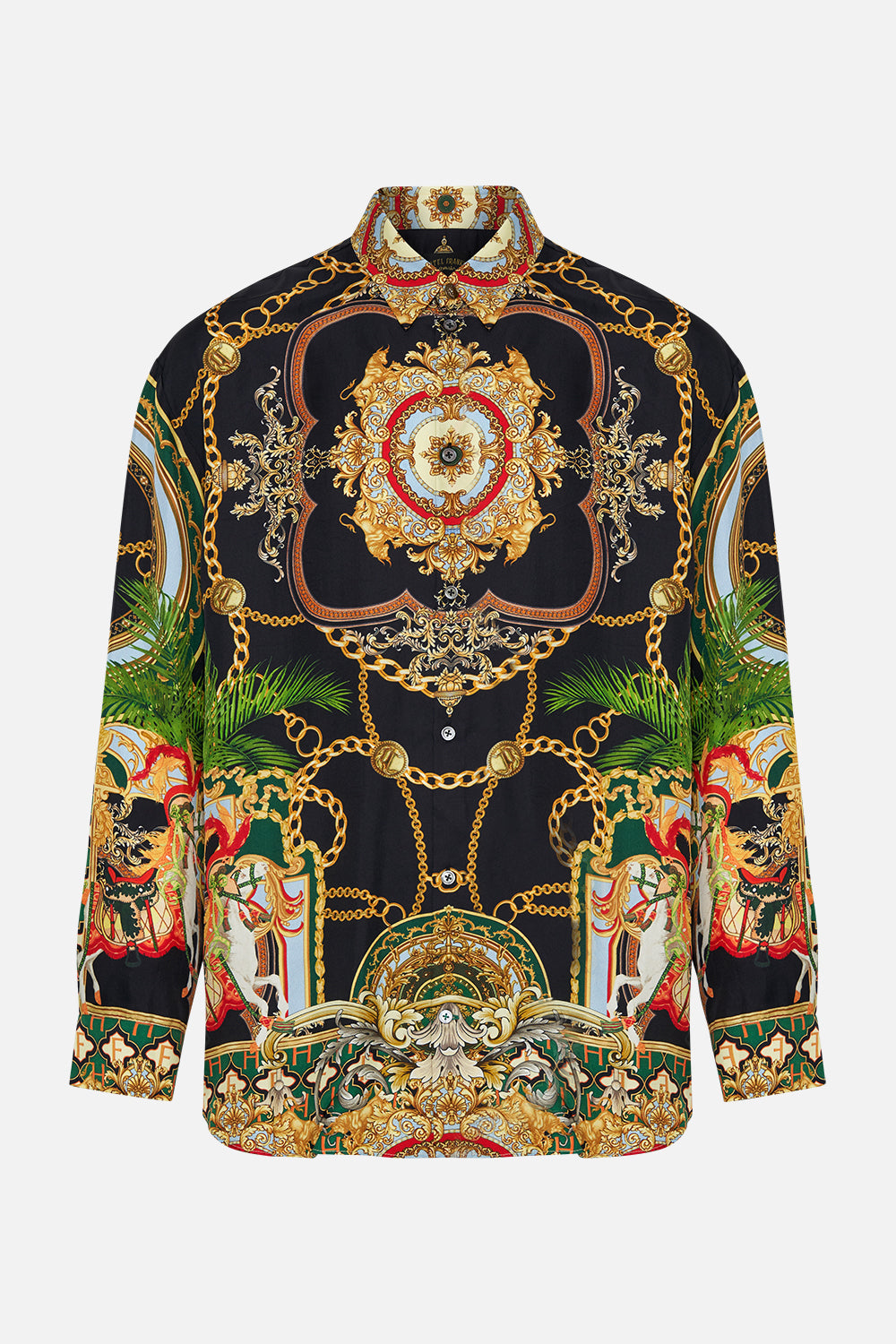 Detail view of model wearing Hotel Franks by CAMILLA mens silk oversized sleeve button through shirt in Jealousy and Jewels print