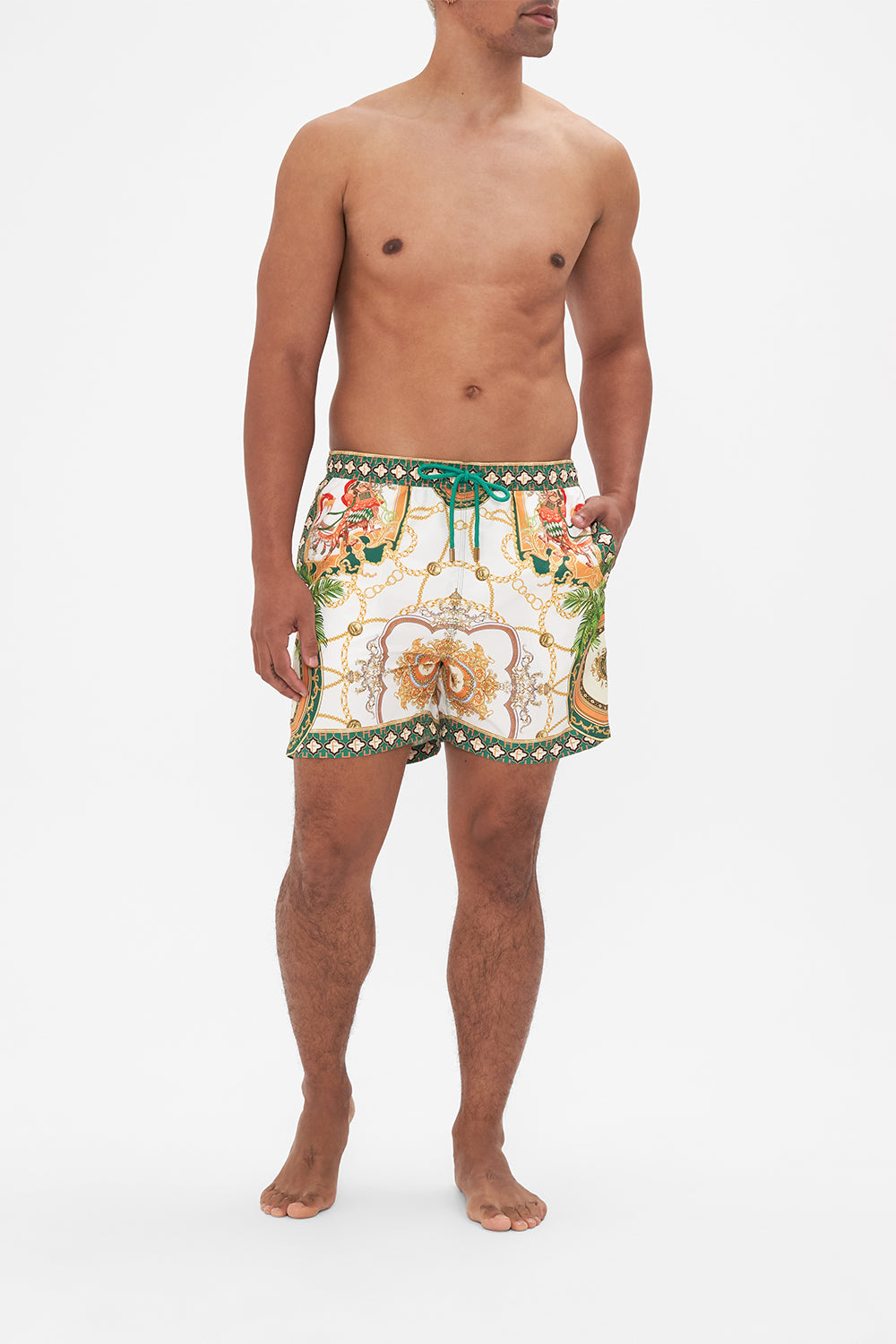 Front view of model wearing Hotel Franks by CAMILLA mens white boardshorts in My Sweet Devotion print