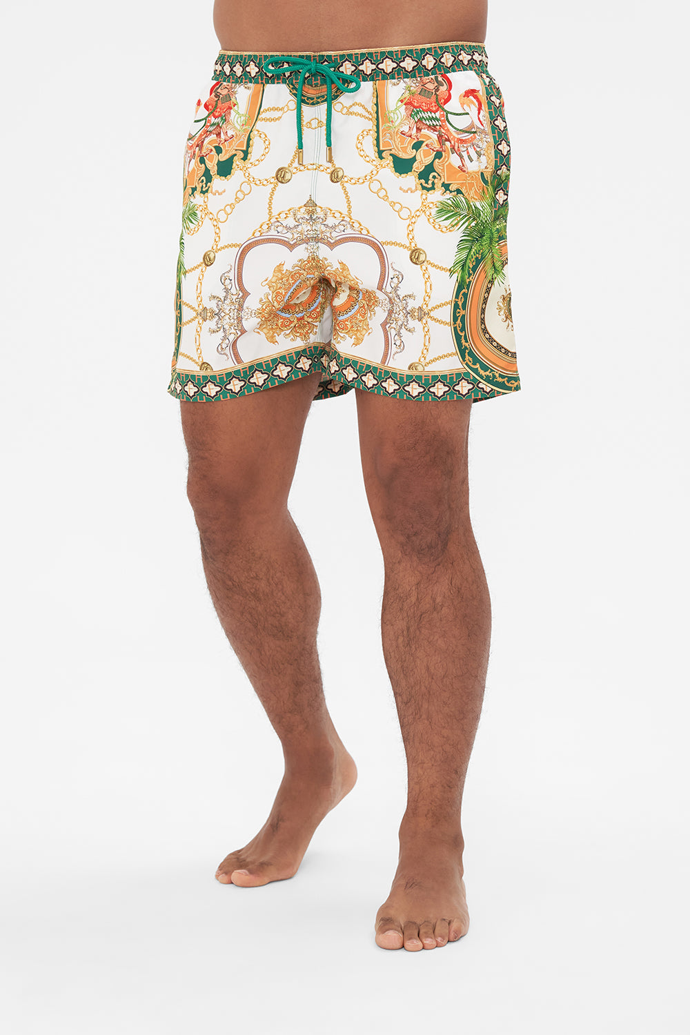 Crop view of model wearing Hotel Franks by CAMILLA mens white boardshorts in My Sweet Devotion print