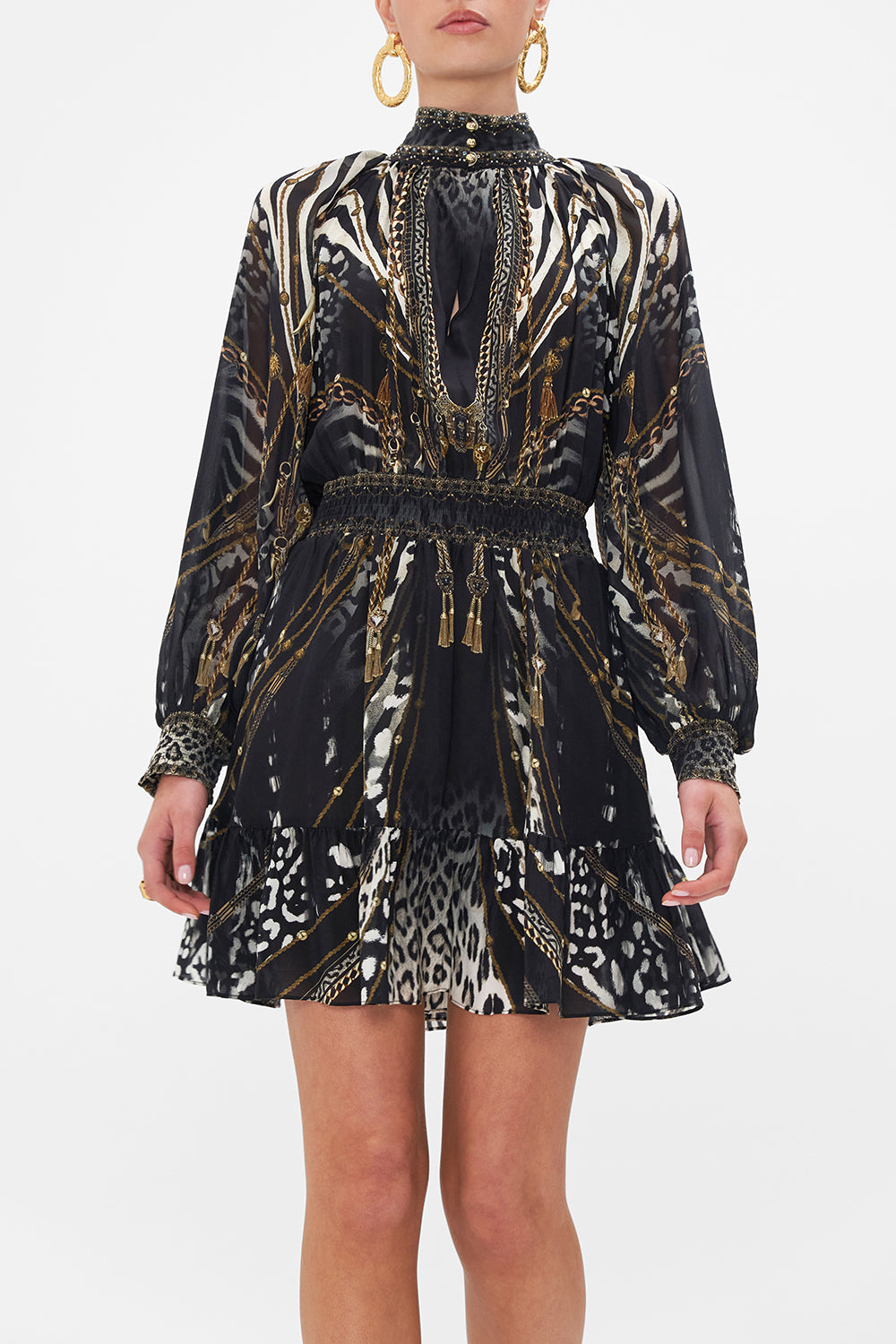 SHIRRED WAIST HIGH NECK MINI DRESS UNTAMED ROYALTY