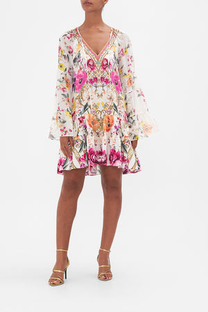 Front view of model wearingf CAMILLA silk floral mini dress in Destiny Calling print
