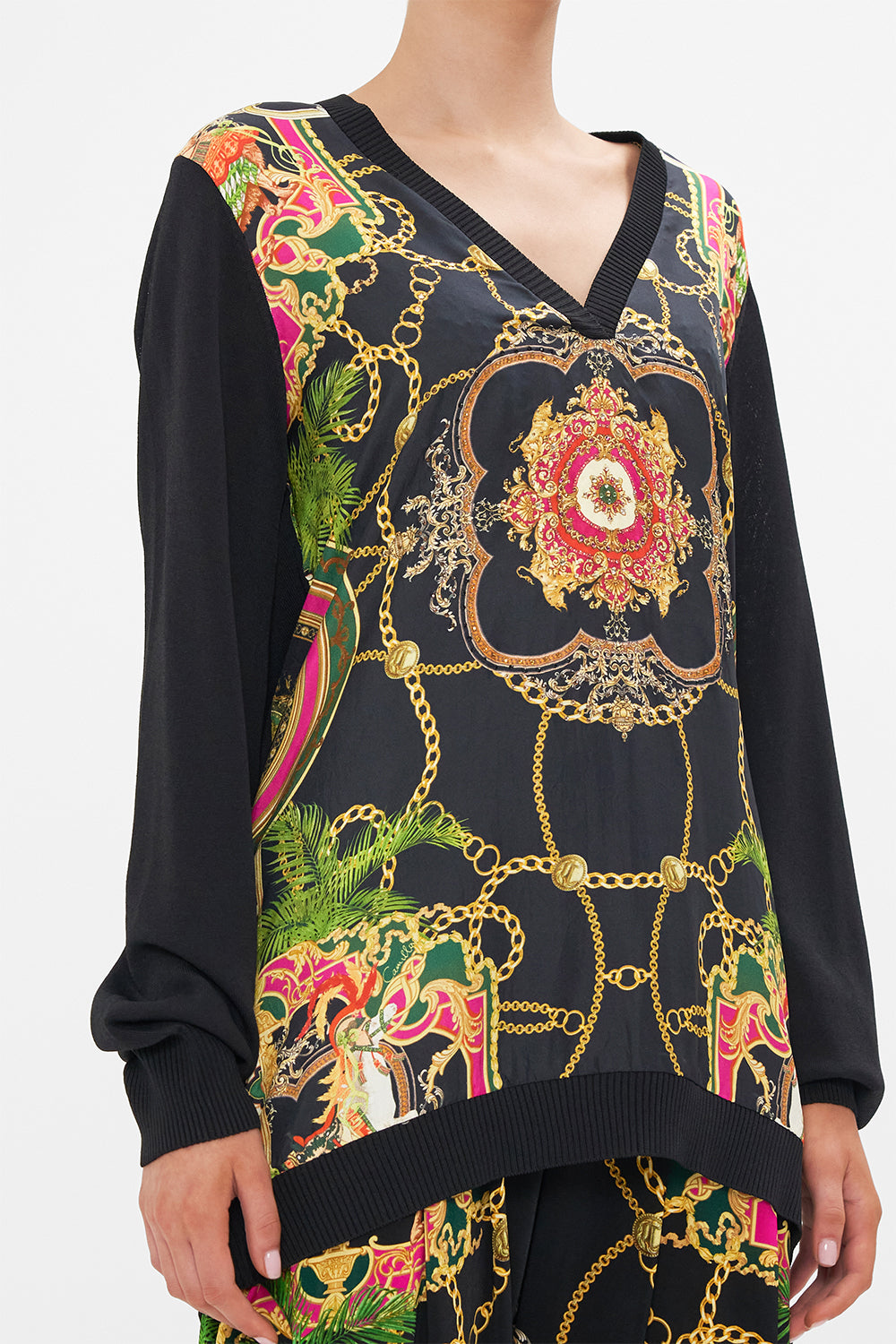 V NECK SILK FRONT JUMPER JEALOUSY AND JEWELS