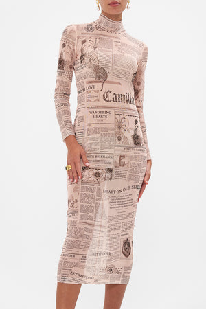 Side view of model wearing CAMILLA mesh dress in Fame Fever print