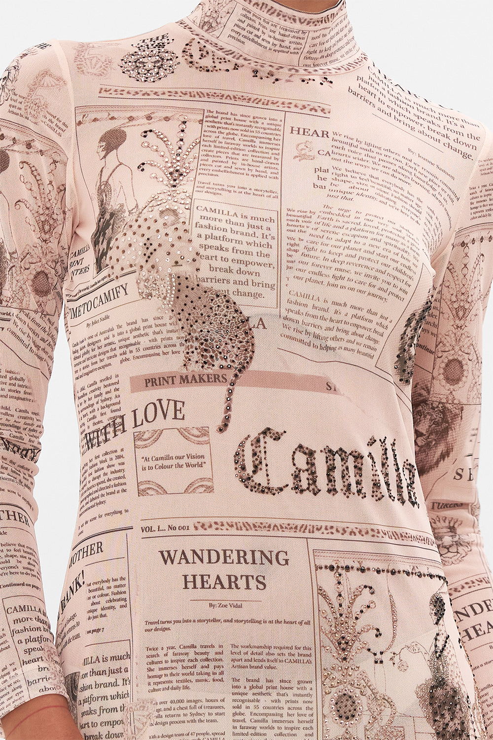 Crop view of model wearing CAMILLA mesh dress in Fame Fever print