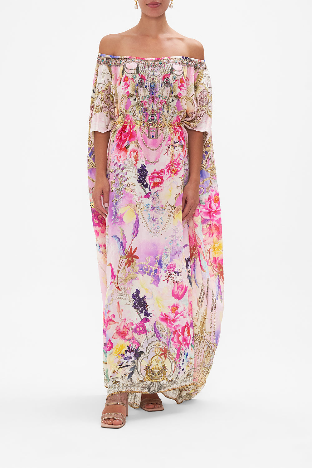 Front view of model wearing CAMILLA silk full length kaftan in Sonic Symphonies print