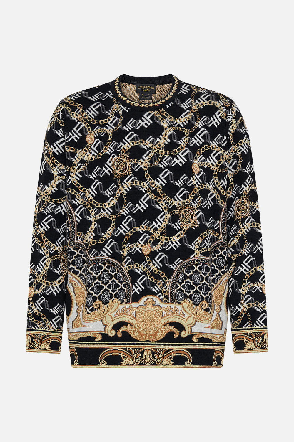 Product view of Hotel Franks by CAMILLA mens oversized knit sweater in black and gold Tether Me Not print
