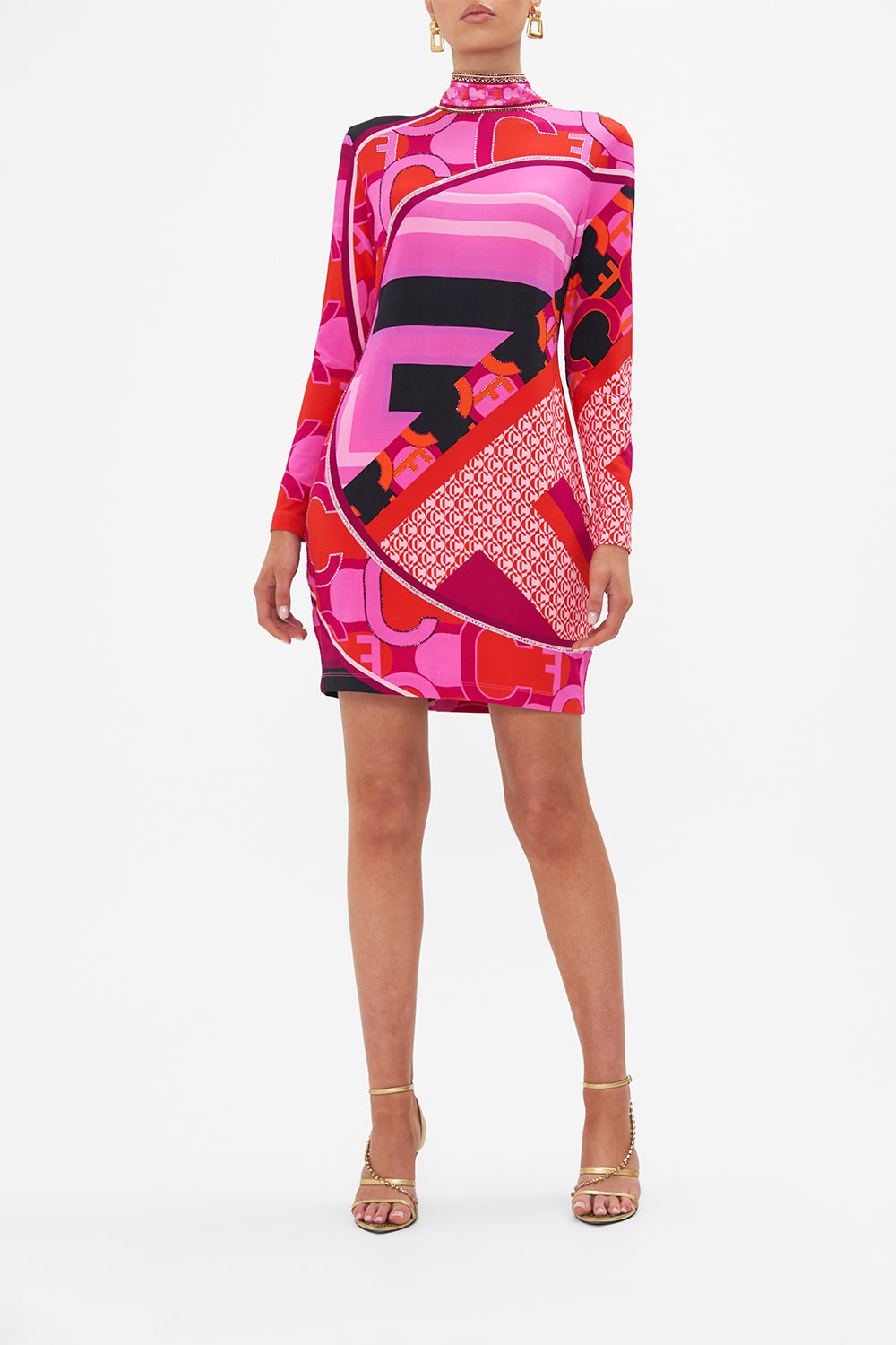 Front view of model wearing CAMILLA pink mini dress in Ciao Palazzo print