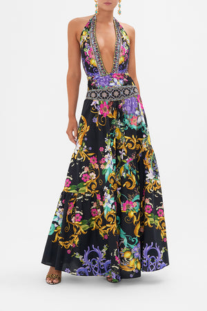 Front view of model wearing CAMILLA floralprint maxi skirt in Meet In Marchesa print