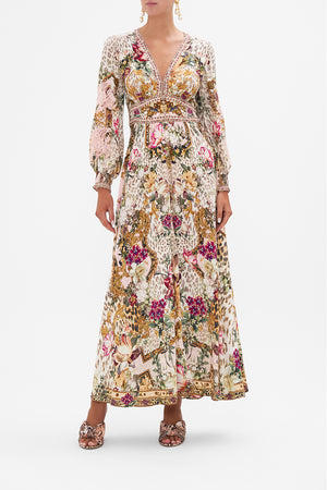 Front view of CAMILLA floral silk maxi dress in Bambino Bliss print