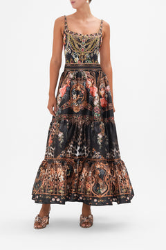Front view of model wearing CAMILLA floral taffeta maxi skirt in A Night At The Opera print