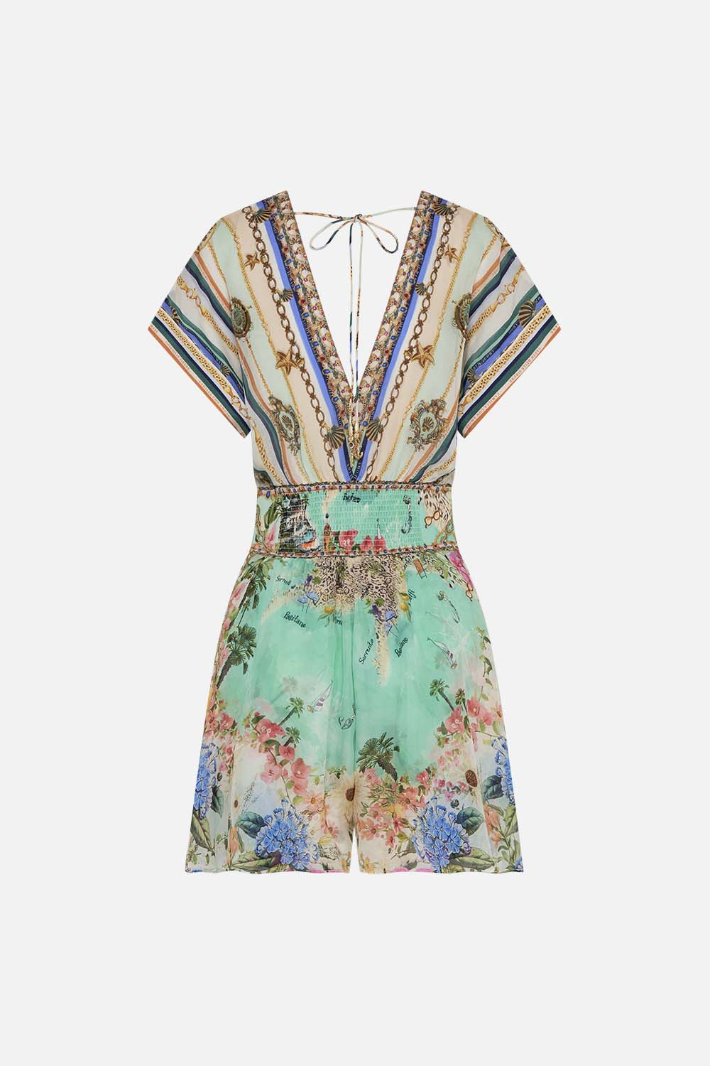 Video of model wearing CAMILLA silk playsuit in Amalfi Lullaby print