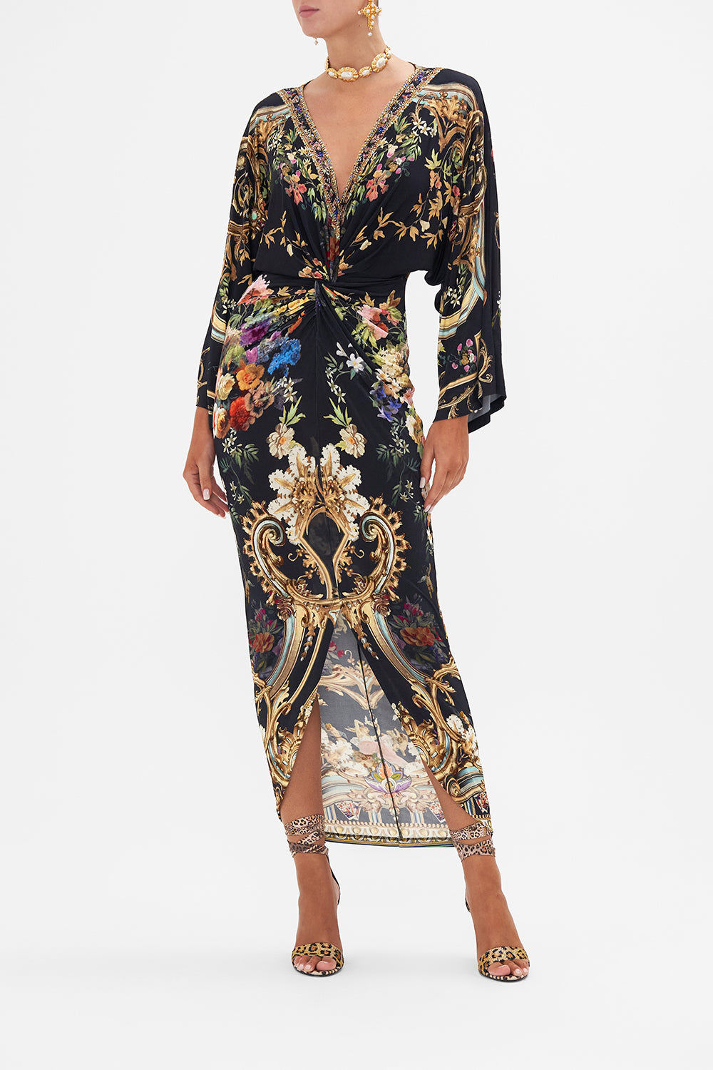 Front view of model wearing CAMILLA front twist dress in Play Your Cards Right print