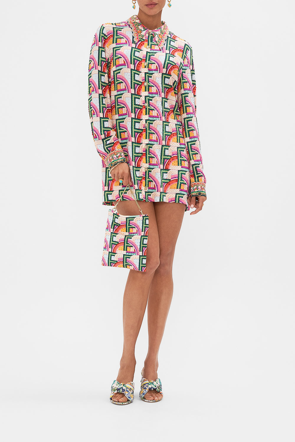 Front view of model wearing CAMILLA silk long sleeve mini dress in An Italian Welcome print