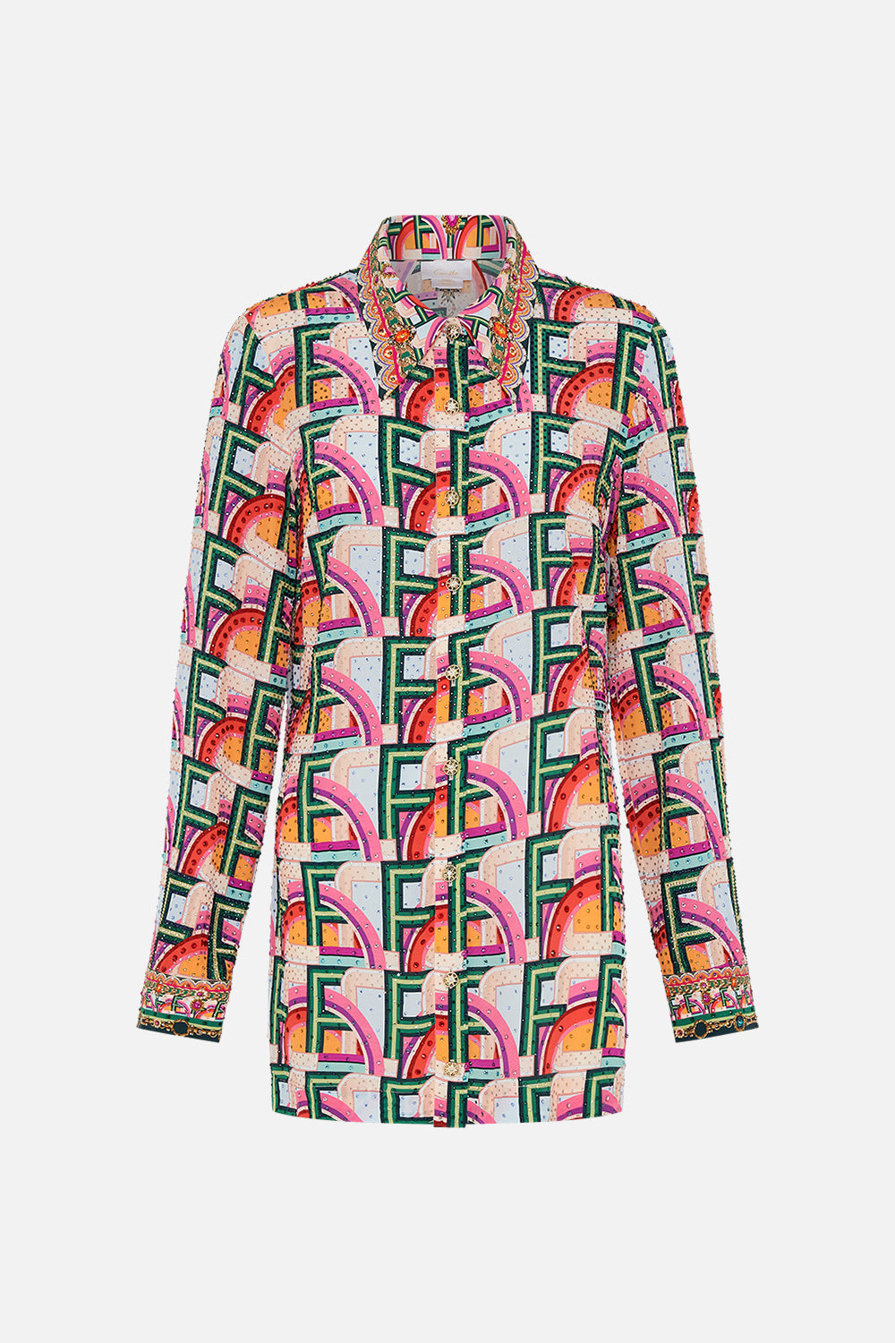 Product view of CAMILLA silk long sleeve mini dress in An Italian Welcome print