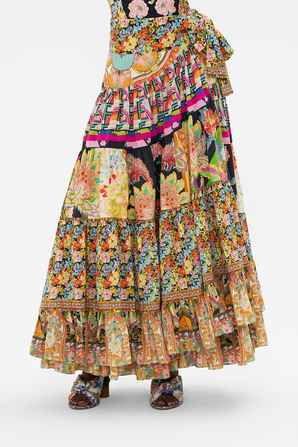 Crop view of model wearing CAMILLA wrap skirt in Sundowners in Sicily print 