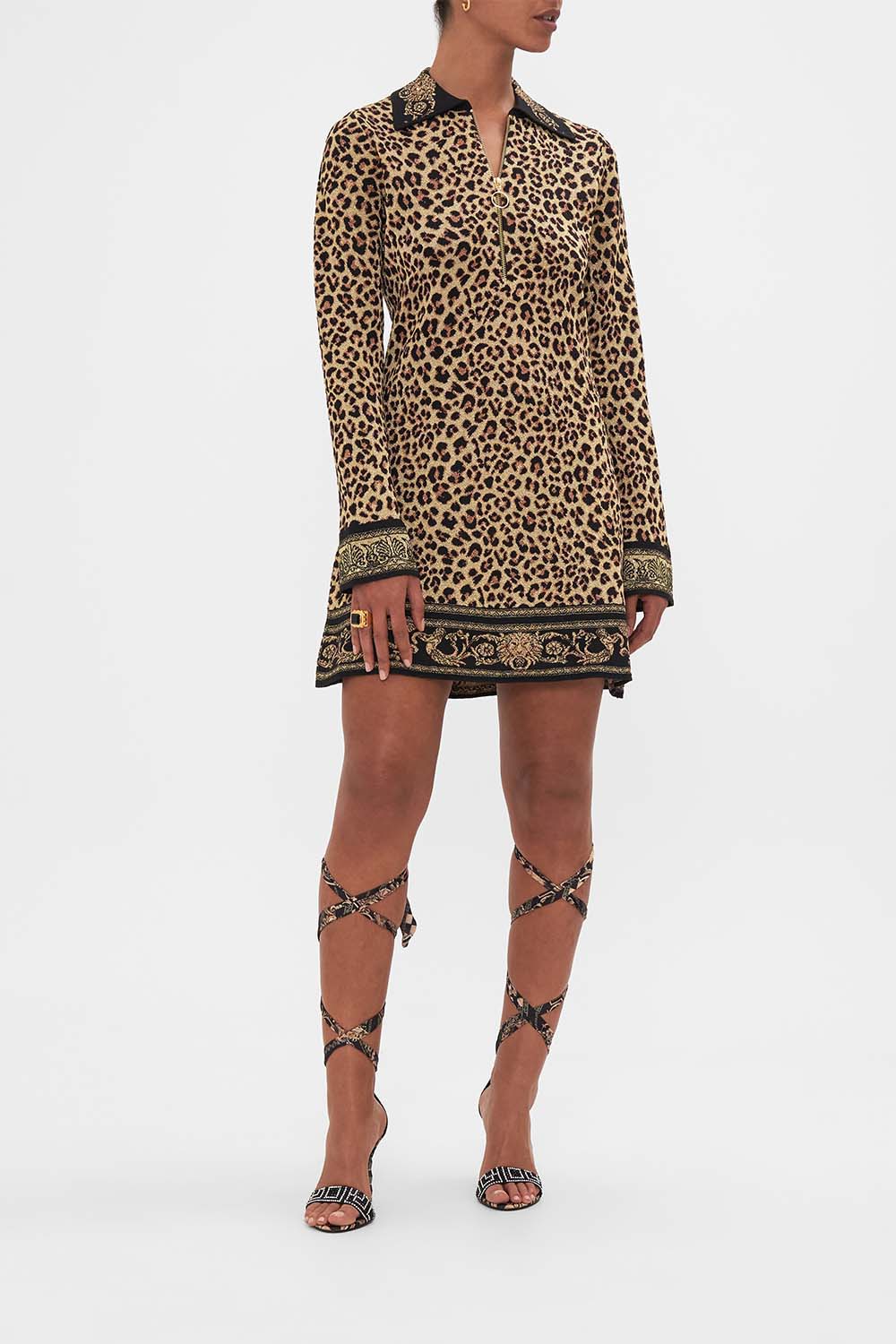 Front view of model wearing CAMILLA leopard print mini knit dress in Standing Ovation print