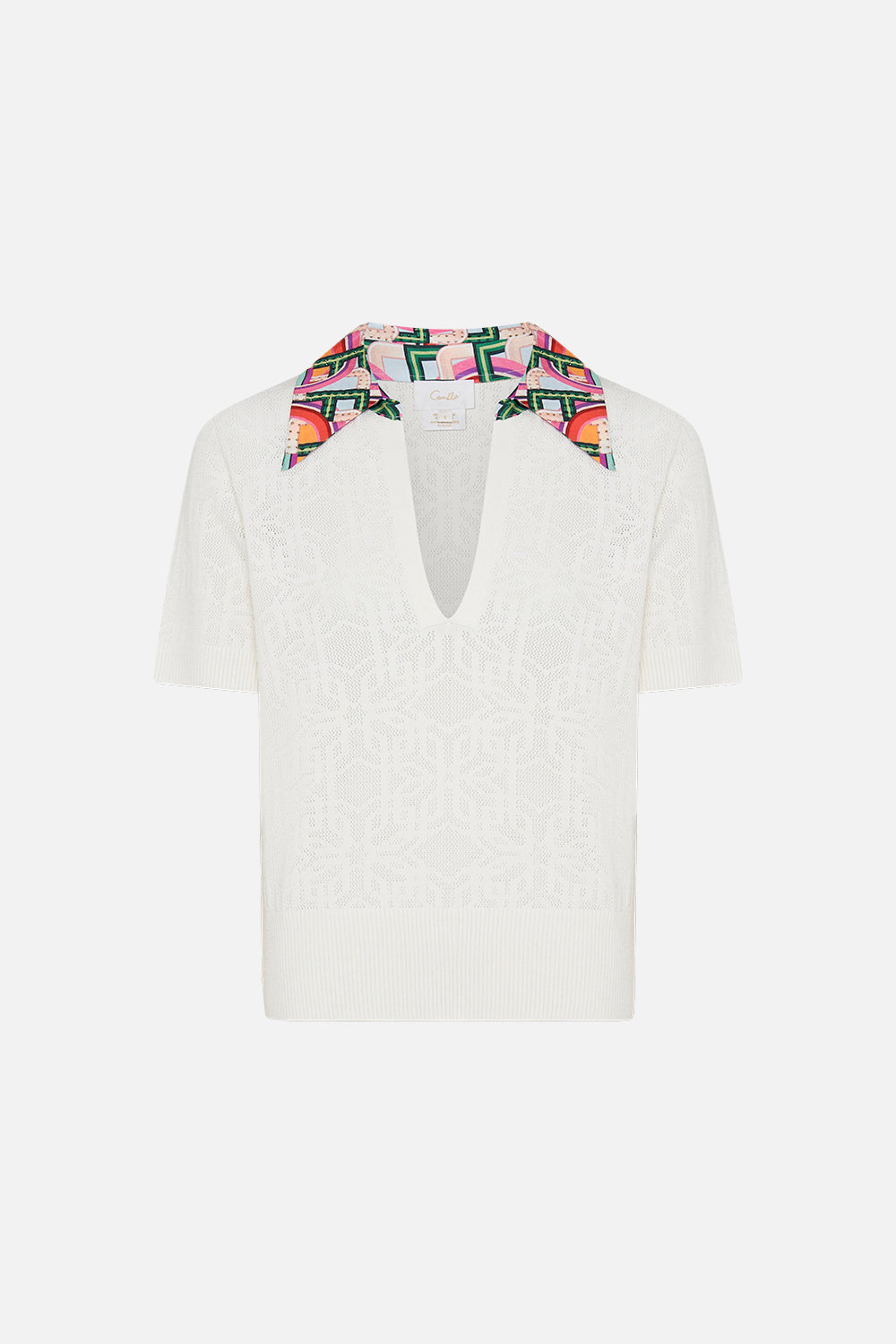 Product view of CAMILLA white knit polo  top in An Italian Welcome print