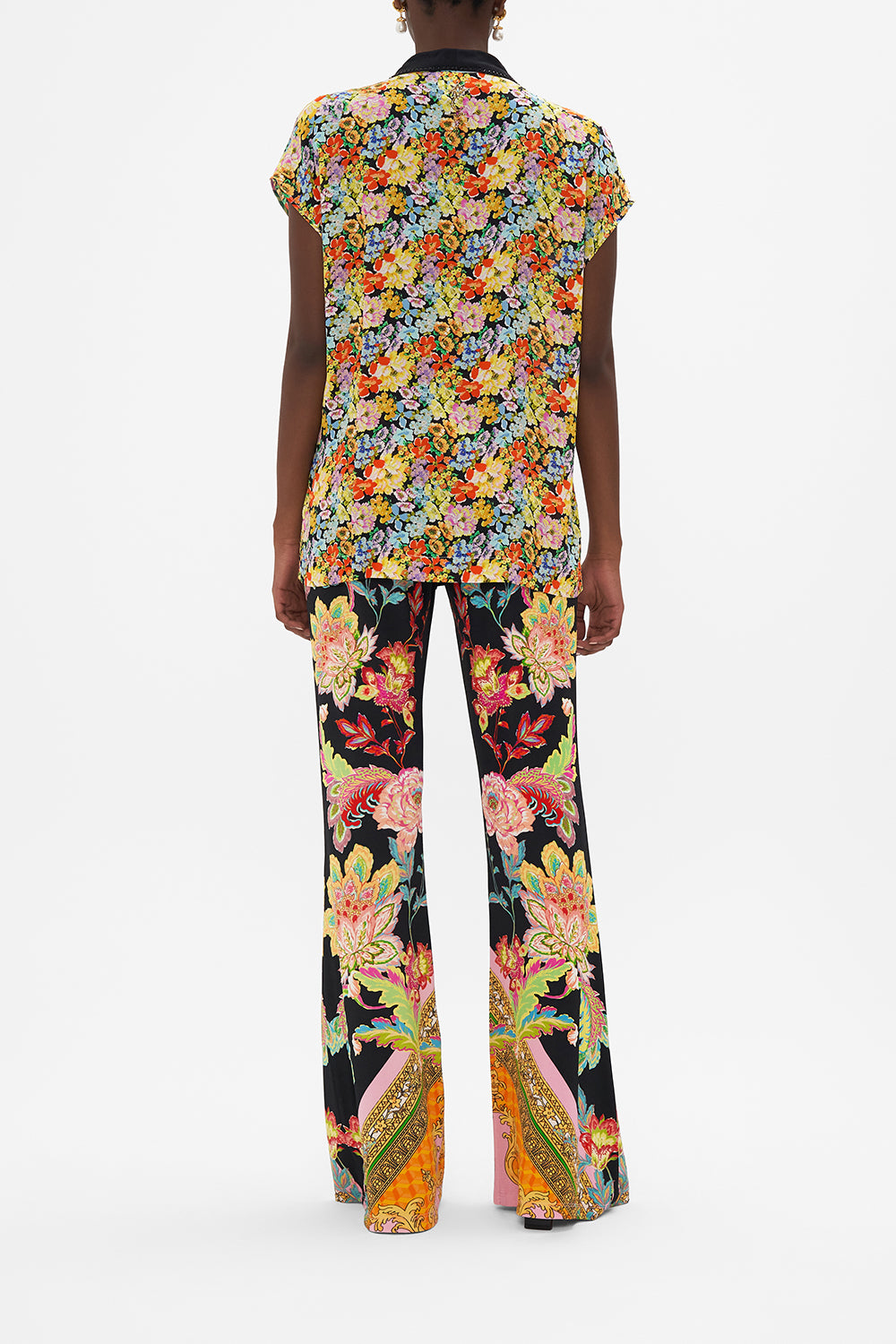 Back view of model wearing CAMILLA silk collared top in Sundowners in Sicily print 