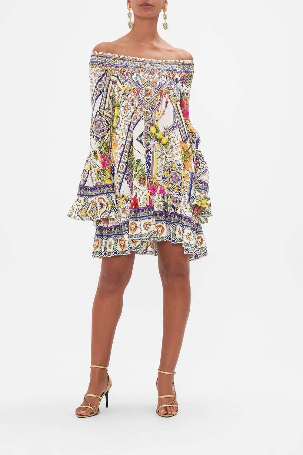 Front view of model wearing CAMILLA off shoulder dress in Amalfi Amore print