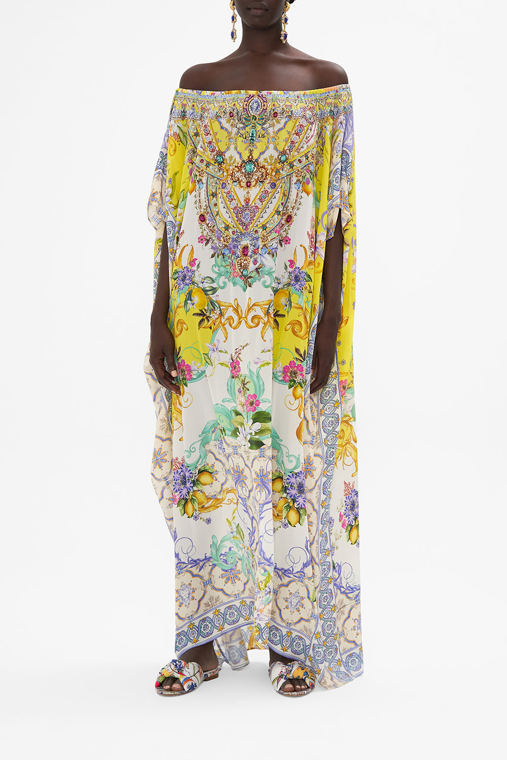 Front view of model wearing CAMILLA silk kaftan in Caterina Spritz print