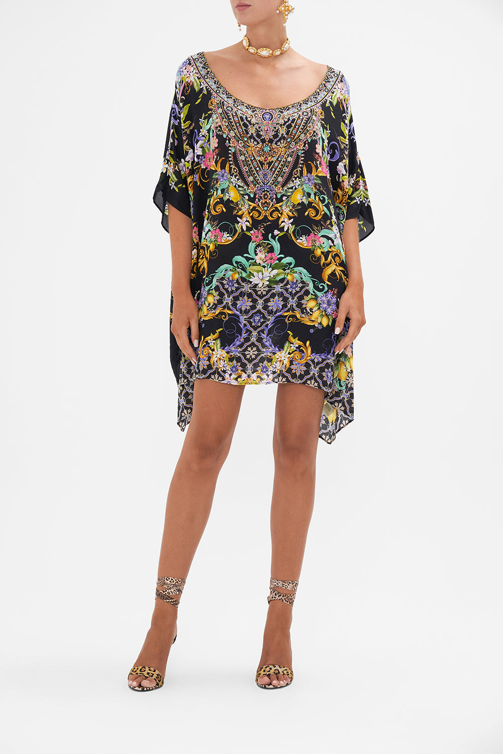 Front view of model wearing CAMILLA  silk kaftan in Meet Me In Marchesa floral print