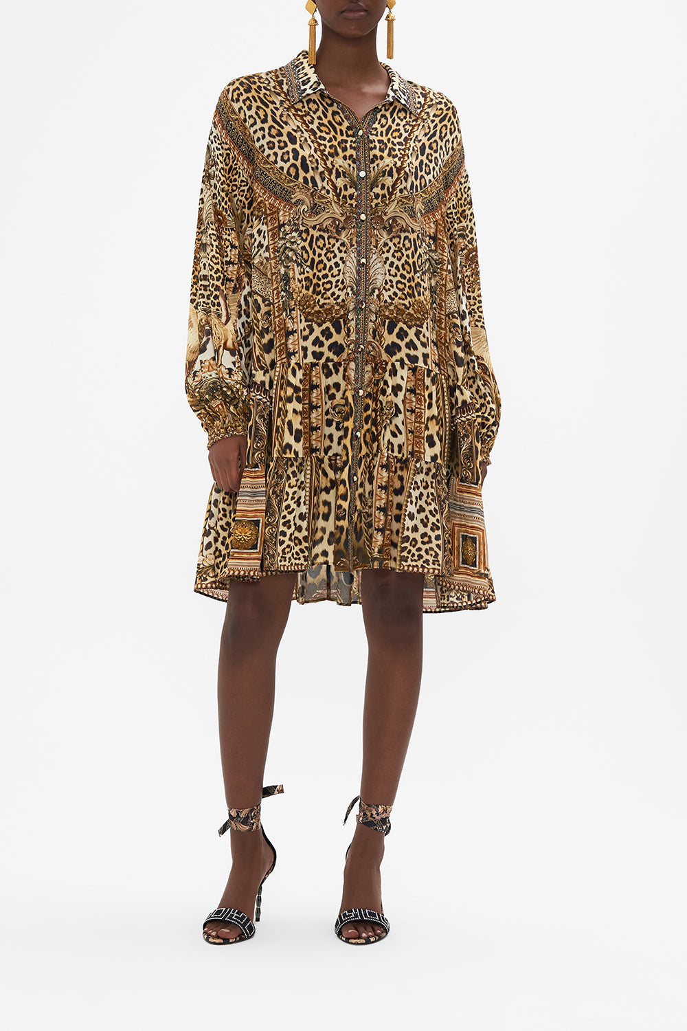 Front view of model wearing CAMILLA silk lopewrad print shirt dress in Standing Ovation print 