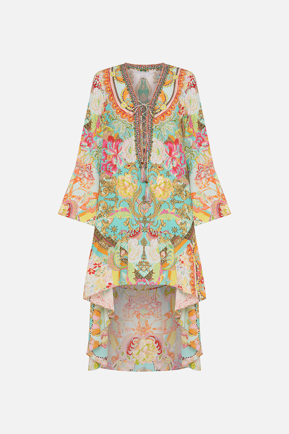 Product view of  CAMILLA silk mini dress with high low hem in An Italian Welcome print 