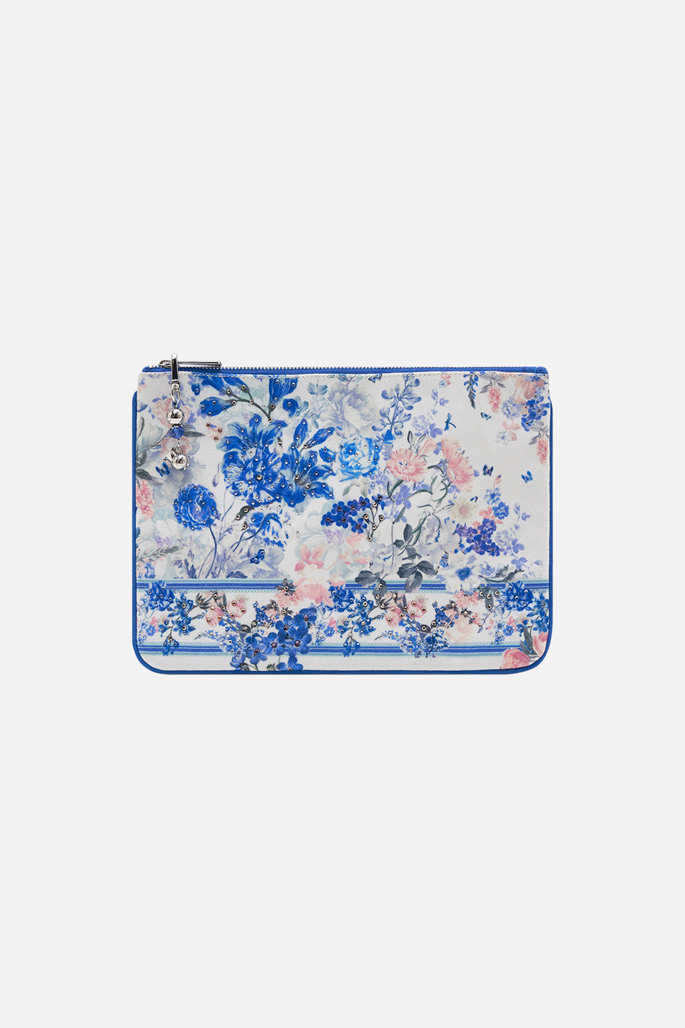 Product view of CAMILLA small clutch in blue Tuscan Moondance print