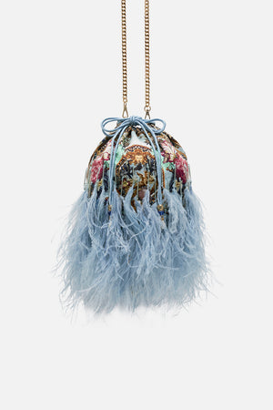 Product view of CAMILLA silk pouch bag with feathers in Letters To Leo print
