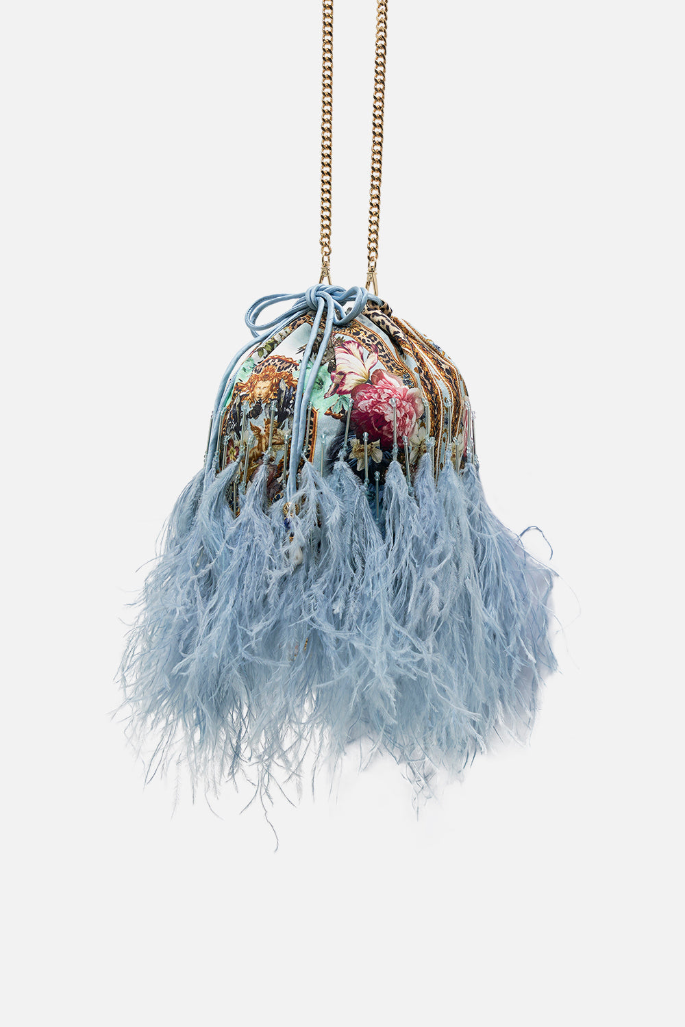 ROUND DRAWSTRING POUCH WITH FEATHERS LETTERS TO LEO