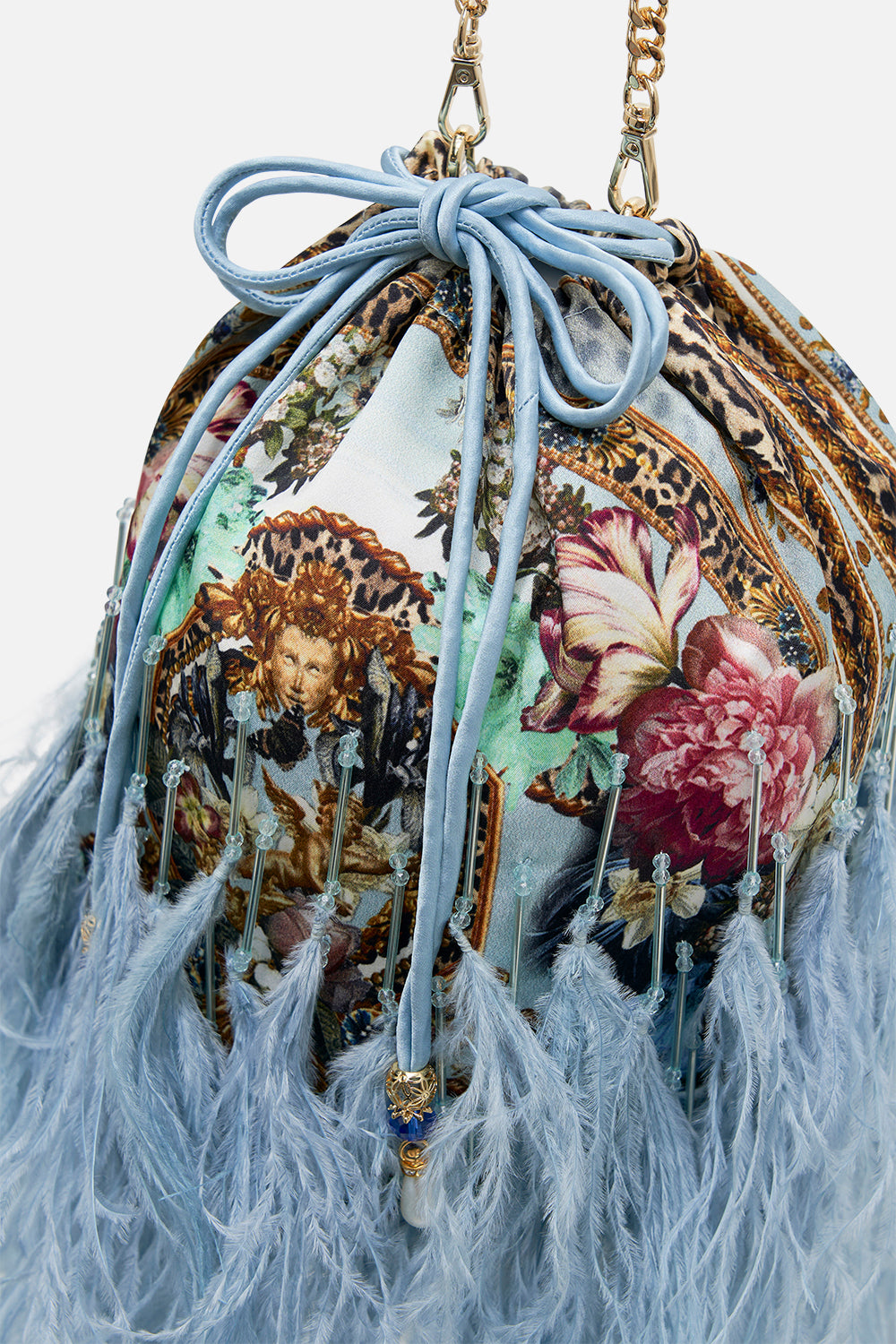 ROUND DRAWSTRING POUCH WITH FEATHERS LETTERS TO LEO