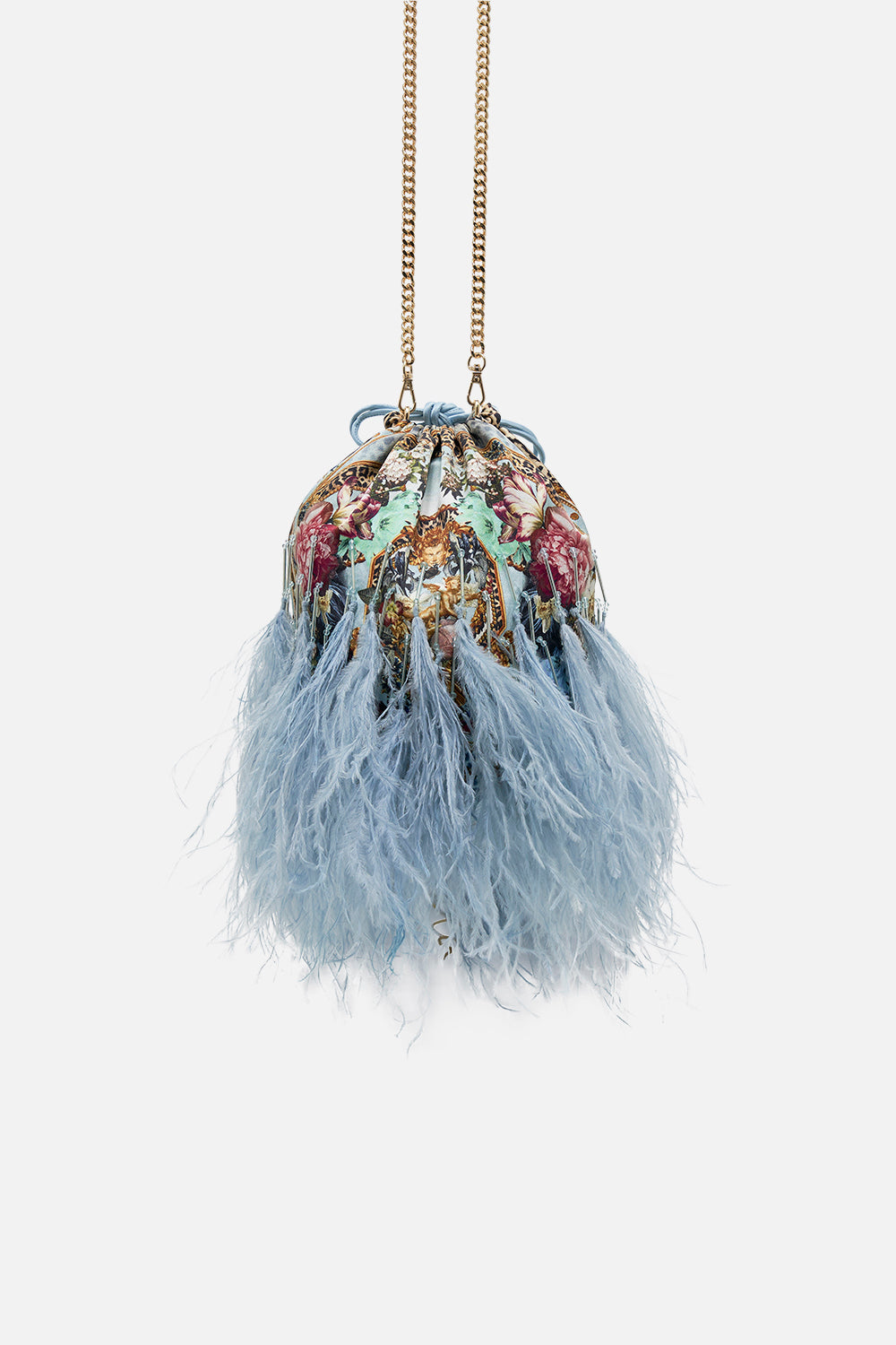 ROUND DRAWSTRING POUCH WITH FEATHERS LETTERS TO LEO