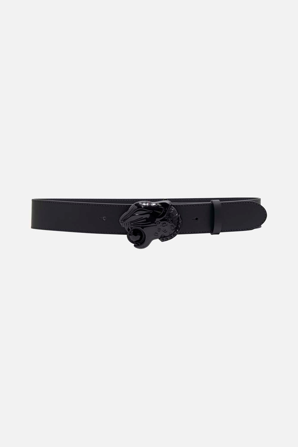 Product view of CAMILLA leopard head leather belt in Solid black