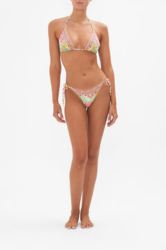 Front view of model wearing CAMILLA reversible bikini top in An Italian Welcome print