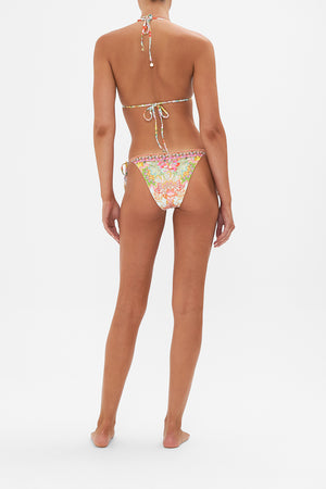 Back view of model wearing CAMILLA reversible bikini top in An Italian Welcome print