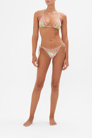 Front view of model wearing of CAMILLA swimwear reversible bikini bottom in An Italian Welcome print