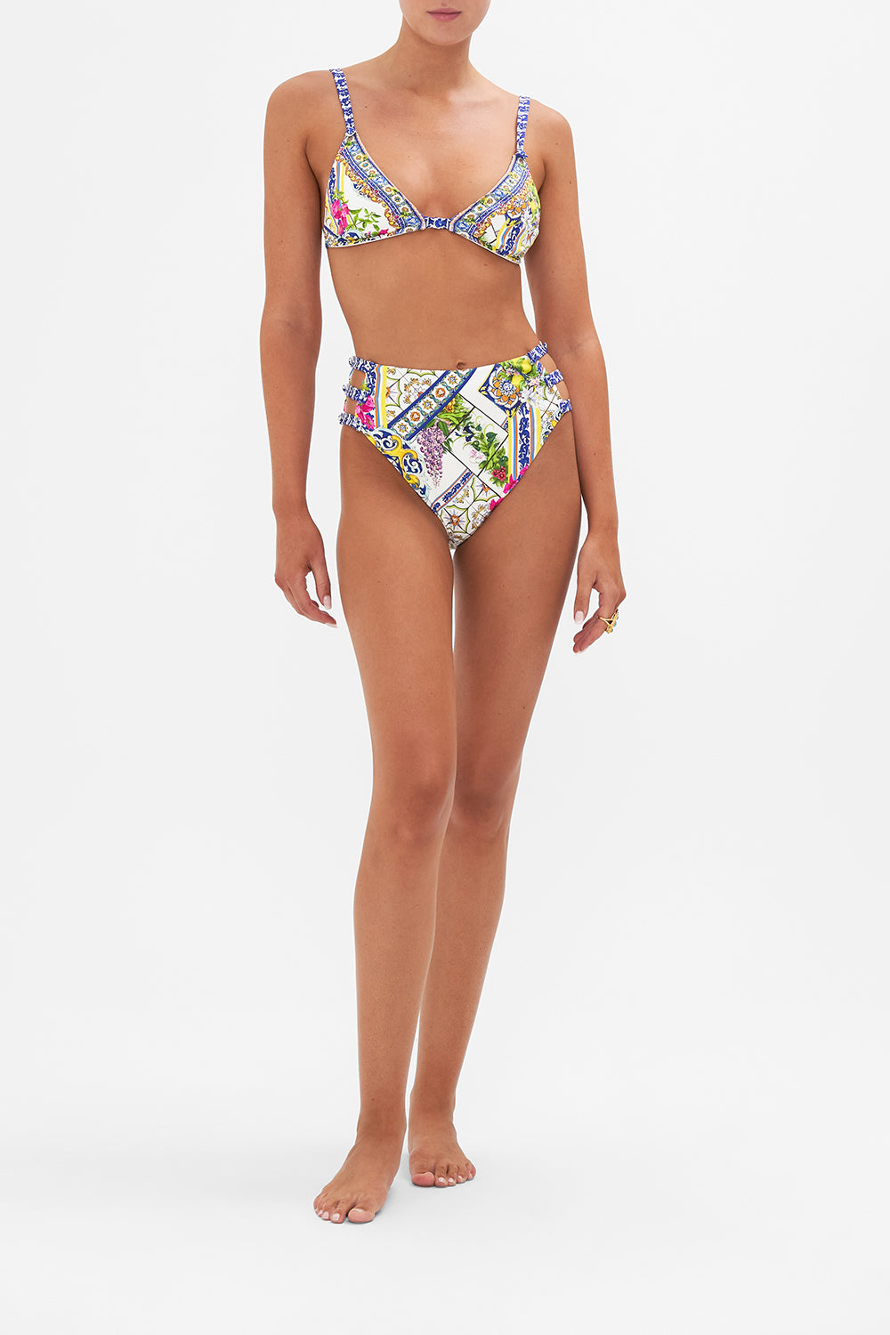 Front view of model wearing CAMILLA swimwear high waisted bikini bottom in Amalfi Amore print