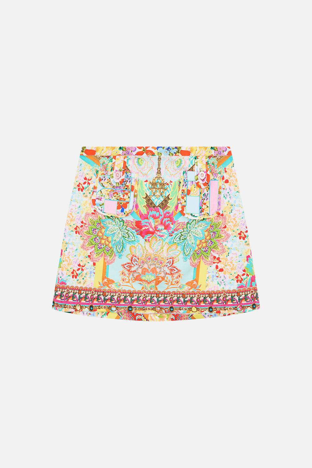 Product view of MILLA BY CAMILLA kids mini skirt with pockets in An Italian Welcome print 