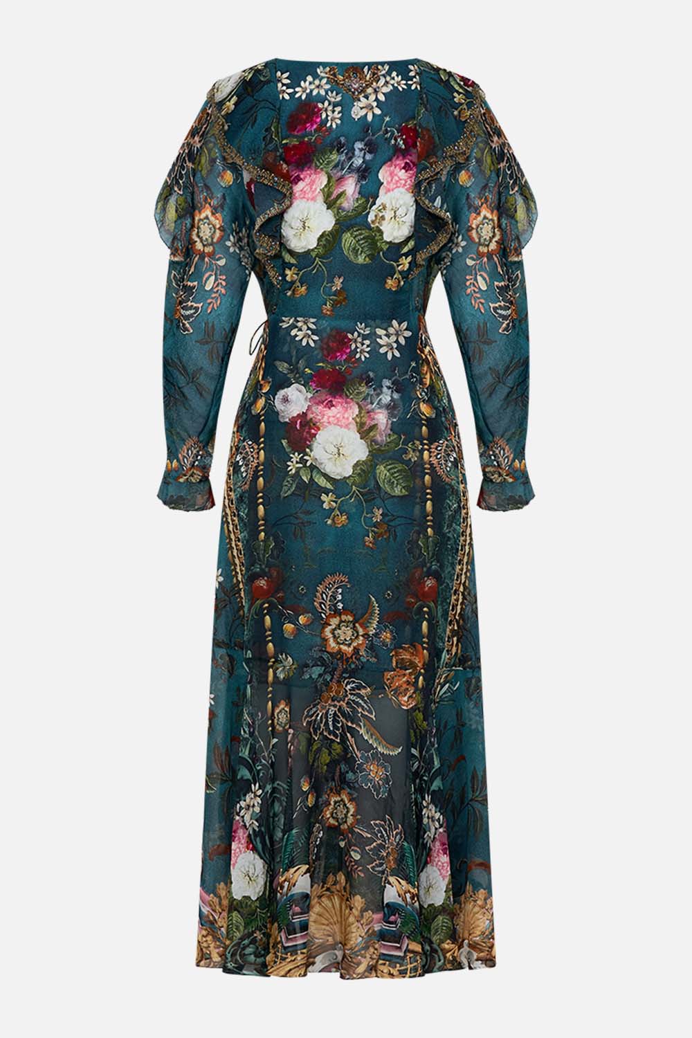 Video of model wearing CAMILLA silk wrap dress in Verdis World print