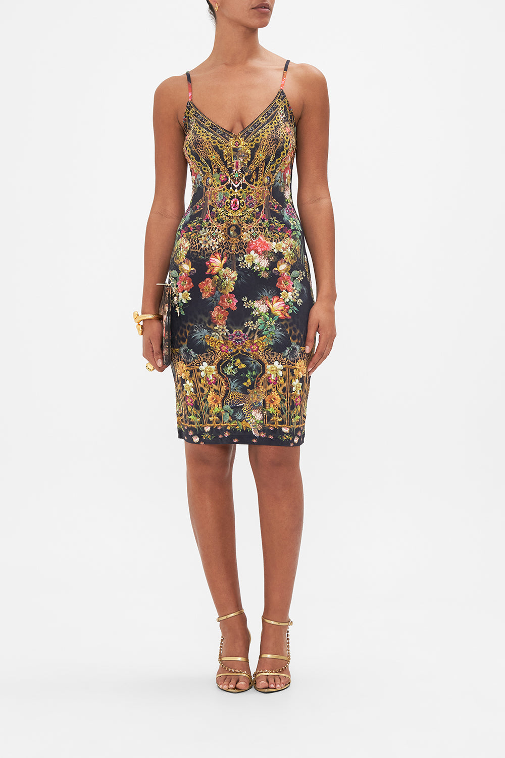 Front view of model weraing CAMILLA floral print slip dress in A Night At The Opera print