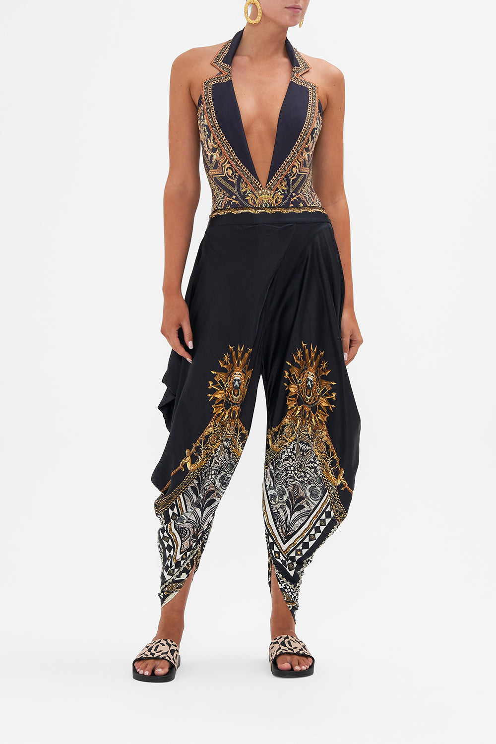 Front view of model wearing CAMILLA bodysuit in Duomo Dynasty print 