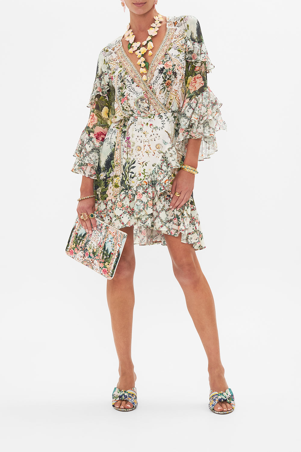 Front view of model wearing CAMILLA silk wrap dress in Renaissance Romance print