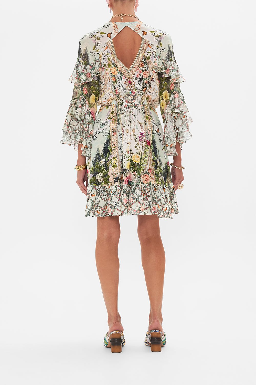 Back view of model wearing CAMILLA silk wrap dress in Renaissance Romance print