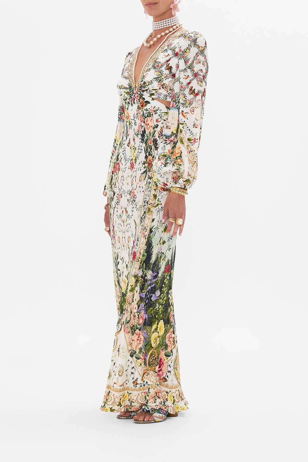 Side view of model wearing CAMILLA silk cut out dress in Renaissance  Romance print