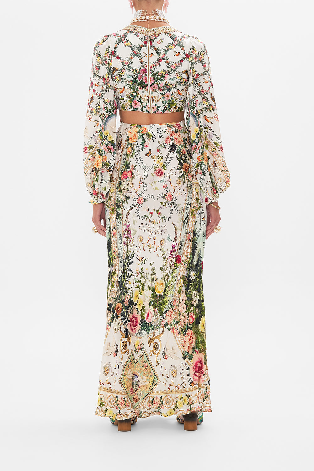 Back view of model wearing CAMILLA silk cut out dress in Renaissance  Romance print