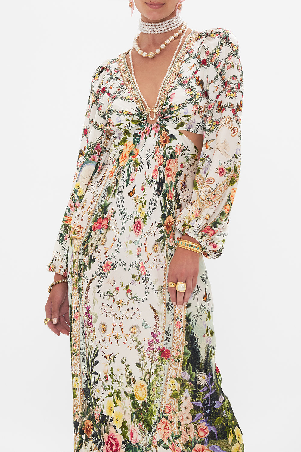 Detail view of model wearing CAMILLA silk cut out dress in Renaissance  Romance print