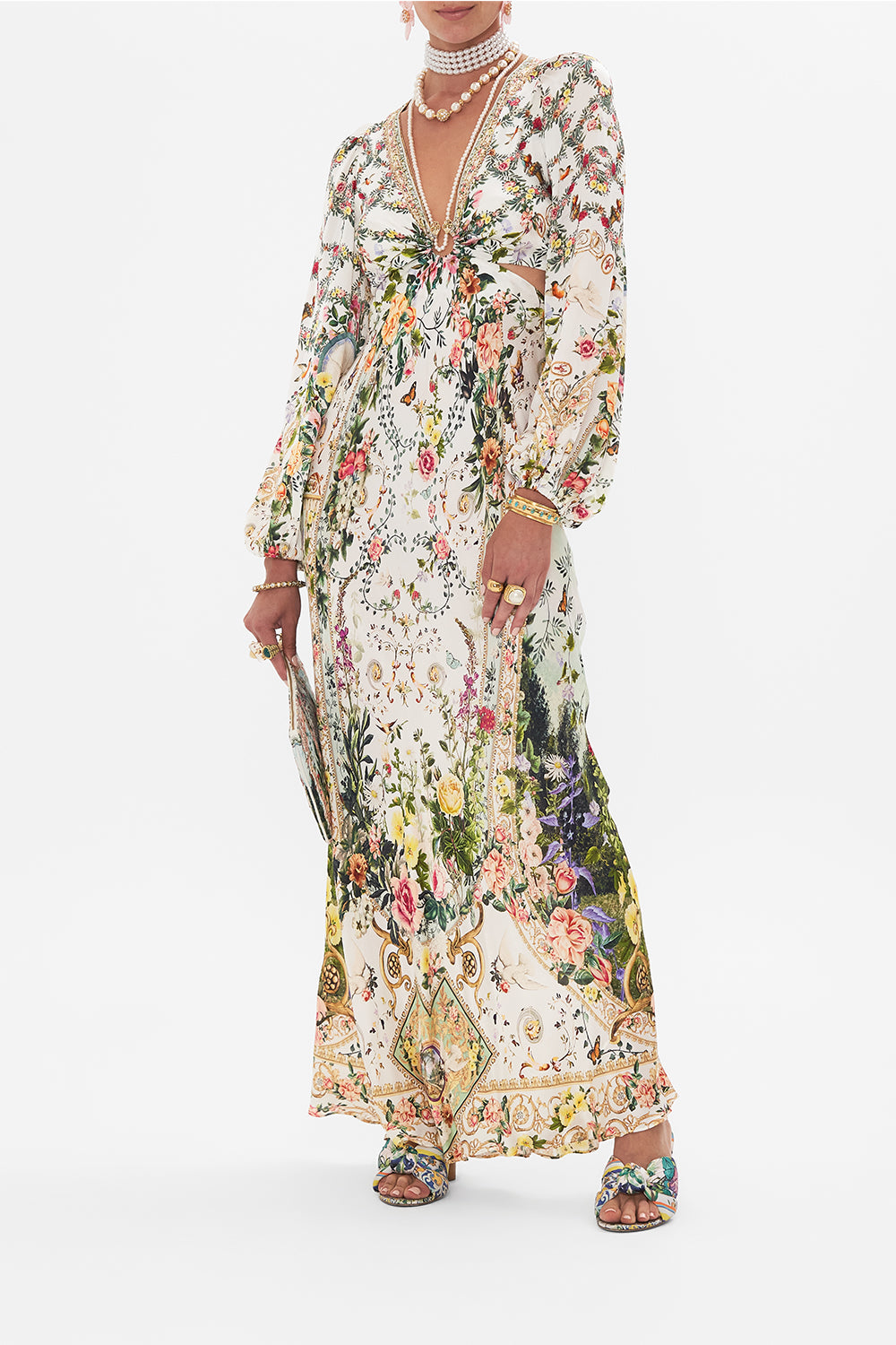 Front view of model wearing CAMILLA silk cut out dress in Renaissance  Romance print